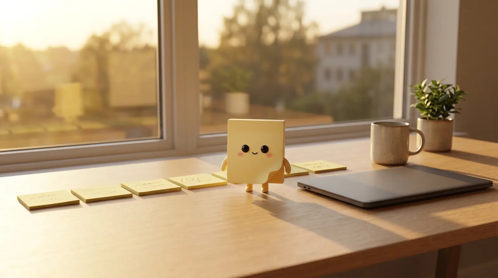 End of the day. Sticky stands on a sunlit desk next to a neat row of finished sticky notes.