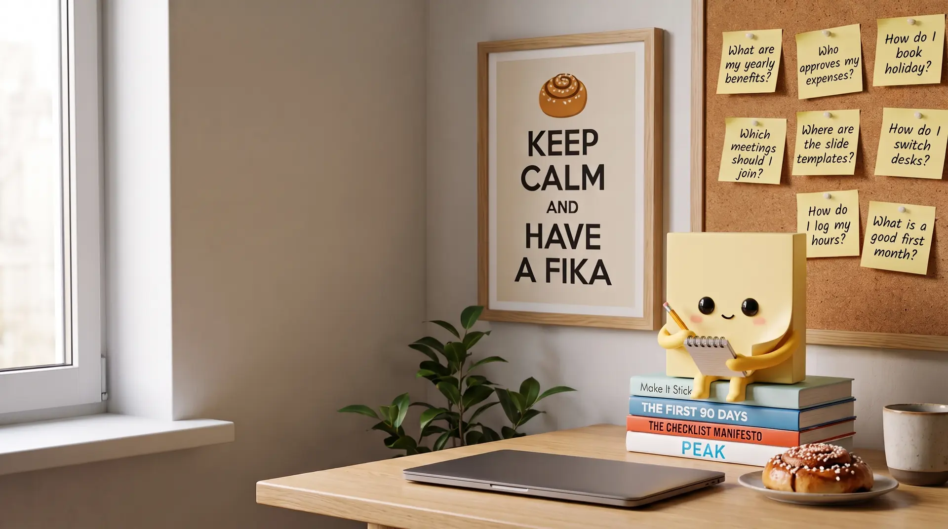 Sticky, a small yellow sticky-note figure, sits on a stack of books and writes in a notepad. Behind it, a corkboard of new-hire questions, like What are my yearly benefits? and Who approves my expenses?, and a poster that says Keep calm and have a fika. A cinnamon bun waits on the desk.