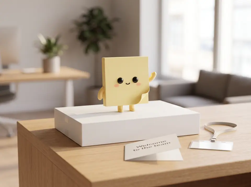 Yellow Sticky waving from a laptop box, next to a name badge and a card that says Welcome to the team.