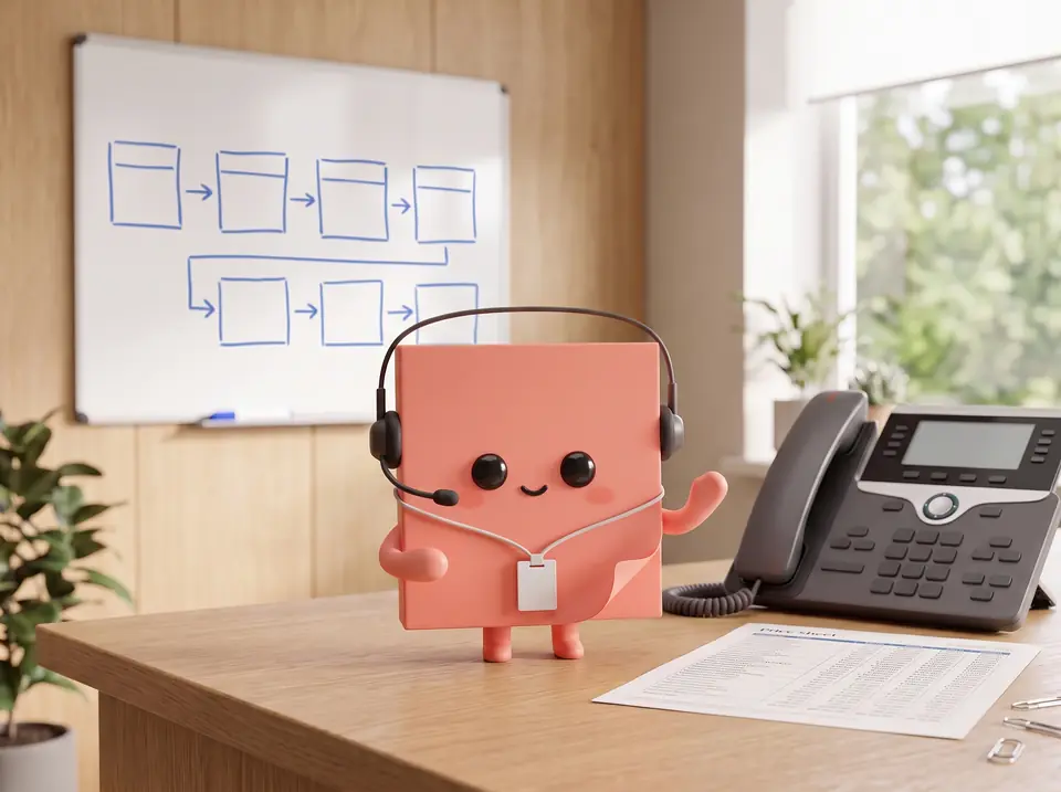 Coral Sticky with a headset and a name badge, next to a desk phone.